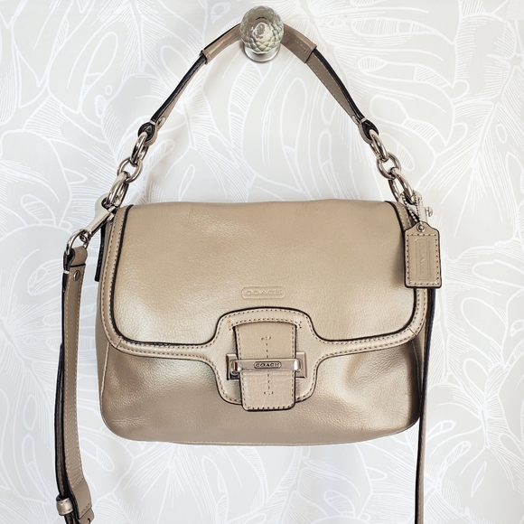 Coach Taupe Metallic Leather Handbag Taylor Convertable Crossbody Bag - Picture 1 of 14
